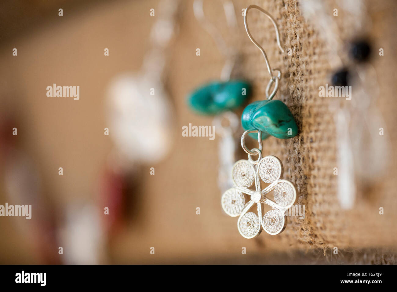 Silver filagree earrings for sale in Yucatan, Mexico. Stock Photo