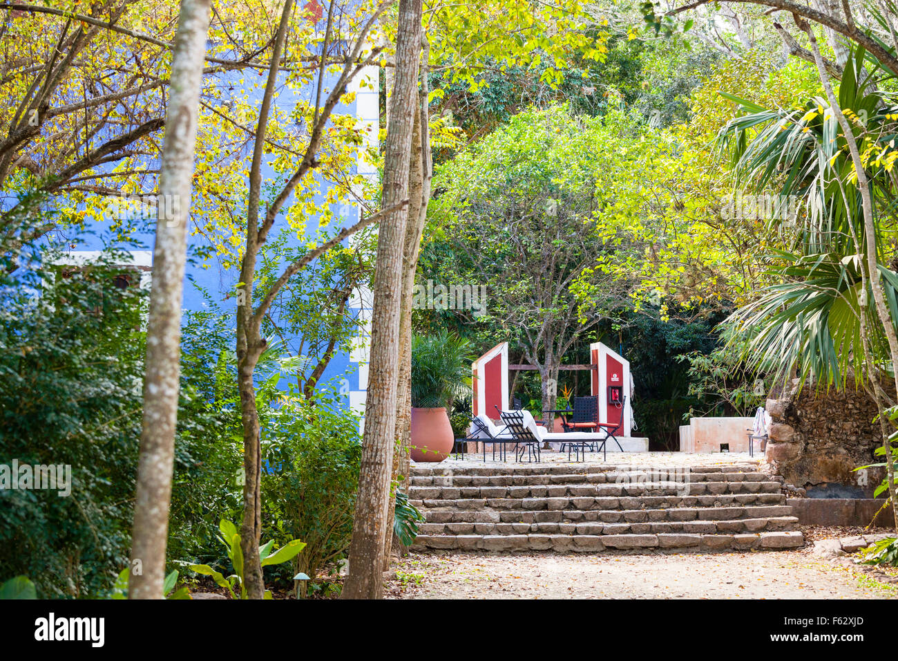 Hidden patio at the Santa Rosa hacienda in Yucatan, Mexico. Stock Photo