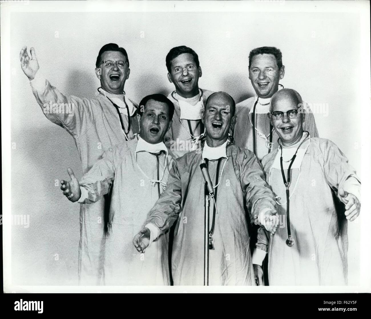 1962 - Six Springfield, Mo., physicians have made medical history - for better or for worse - in becoming the ''Singing Doctors'' of recording fame. Their new album, ''The Singing Doctors Keep You in Stitches, '' is available via the Greene County Medical Society, c/o The Singing Doctor's Student Foundation, 208 Professional Building, Springfield, Mo. 65806, at .95 per copy. From left to right the group includes internist Harold H. ''Happy'' Lurie, surgeons F.T. ''Ginger'' H'Doubler, Jr. (CQ), Charles E. Lockhart, James T. ''Jim'' Brown, Don F. Gose, and pathologist Fred C. Coller. (Credit Ima Stock Photo