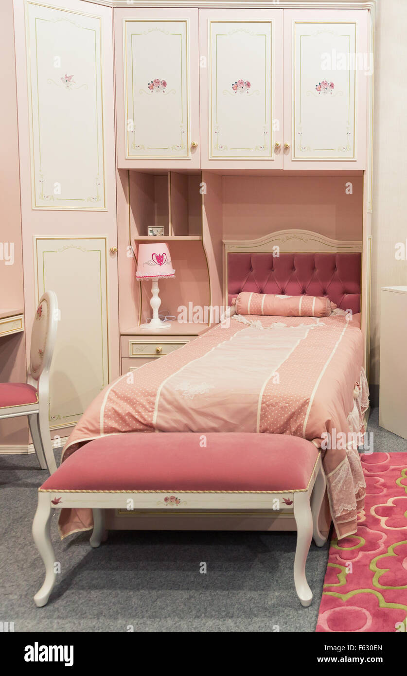 Child Bedroom In Pastel White And Pink Colors Stock Photo