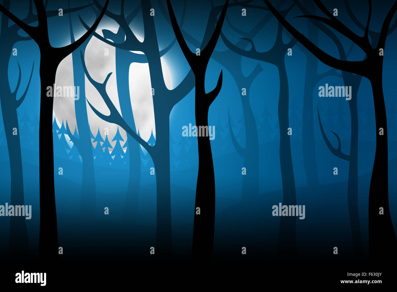 Terrify night forest with big moon on background Stock Photo
