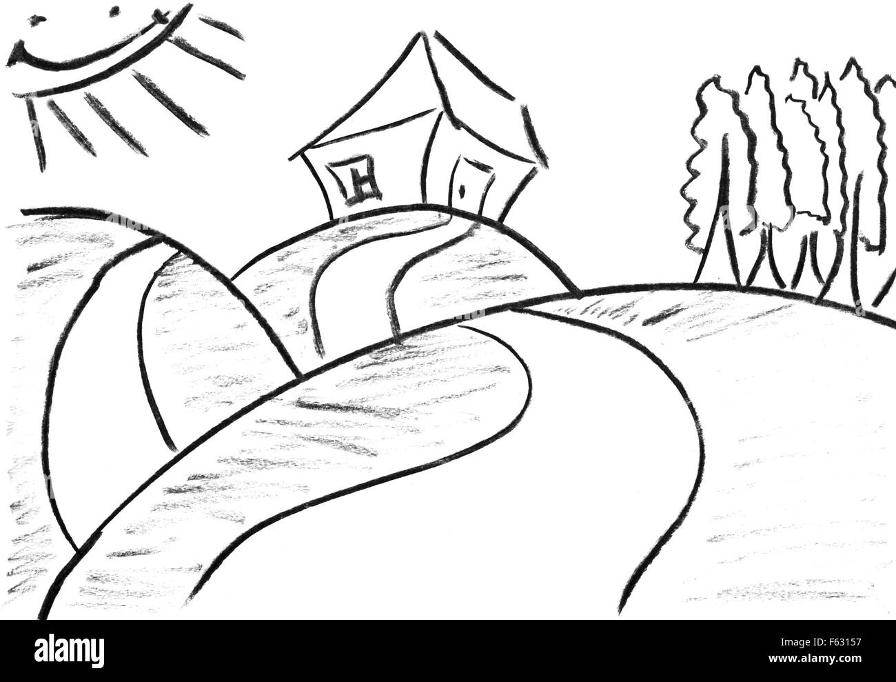 Pencil sketch of funny house on hill Stock Photo
