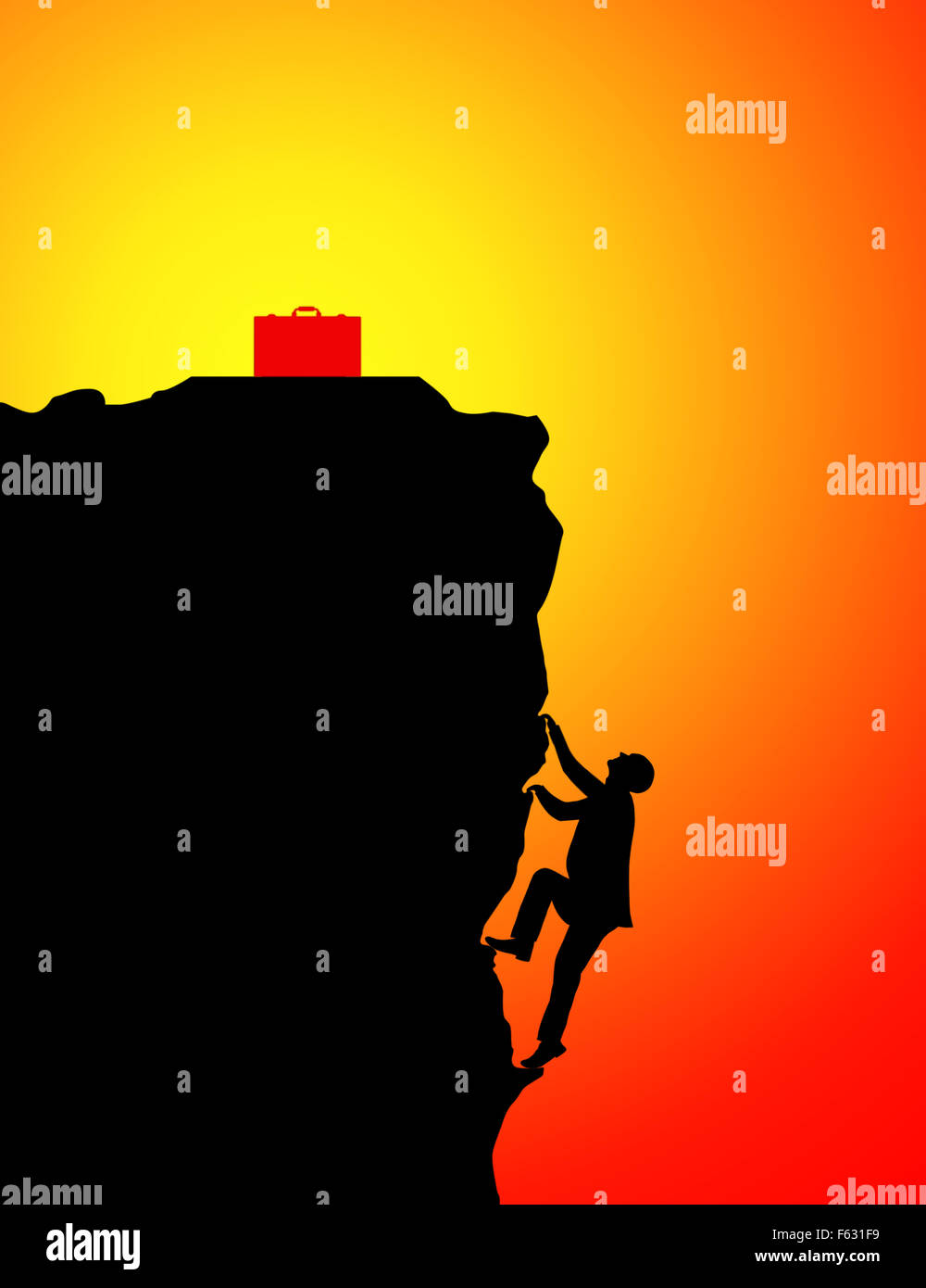 Silhouette of businessman climbing for briefcase at sunset Stock Photo ...