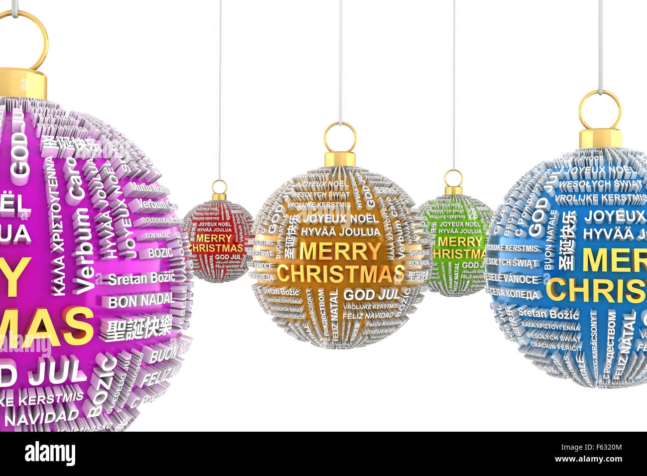 Christmas baubles with greetings in different languages Stock ...