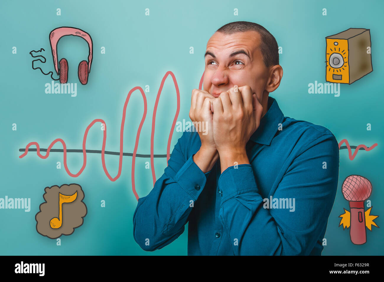 businessman man wrinkled his face and closed his hands over her mouth emotion sound wave music radio sketch symbol Stock Photo
