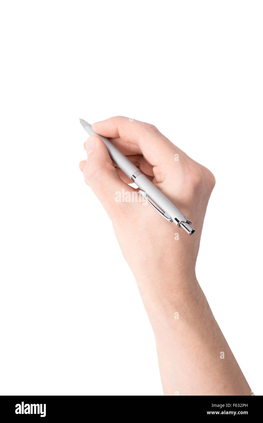 A hand holding a ballpoint pen on white background Stock Photo