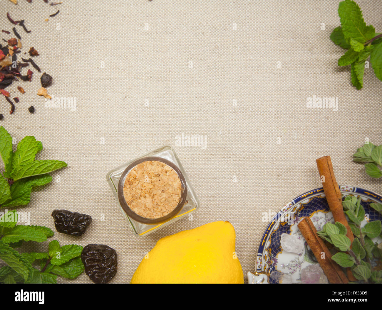 spice ingredients with mint and lemon. vintage aromatic dry tea Stock ...