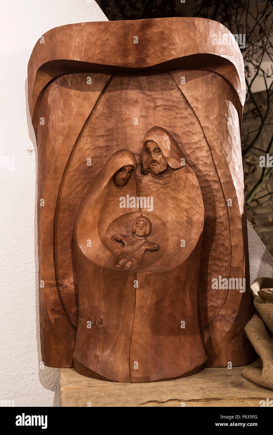 Picture of wooden Nativity Scene, handcarved. Stock Photo