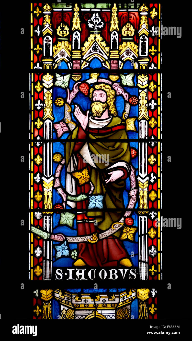 London, England, UK. All Saints Church, Margaret Street. Stained glass Window: St James / Jacobus Stock Photo