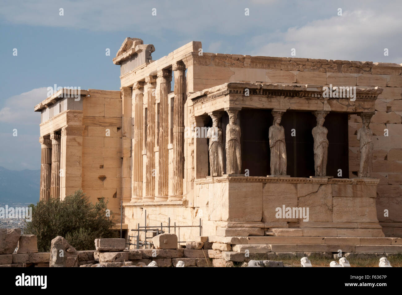 The Erechtheion is an ancient Greek temple built between 421 and 406 BC on the north side of the Acropolis of Athens. Stock Photo