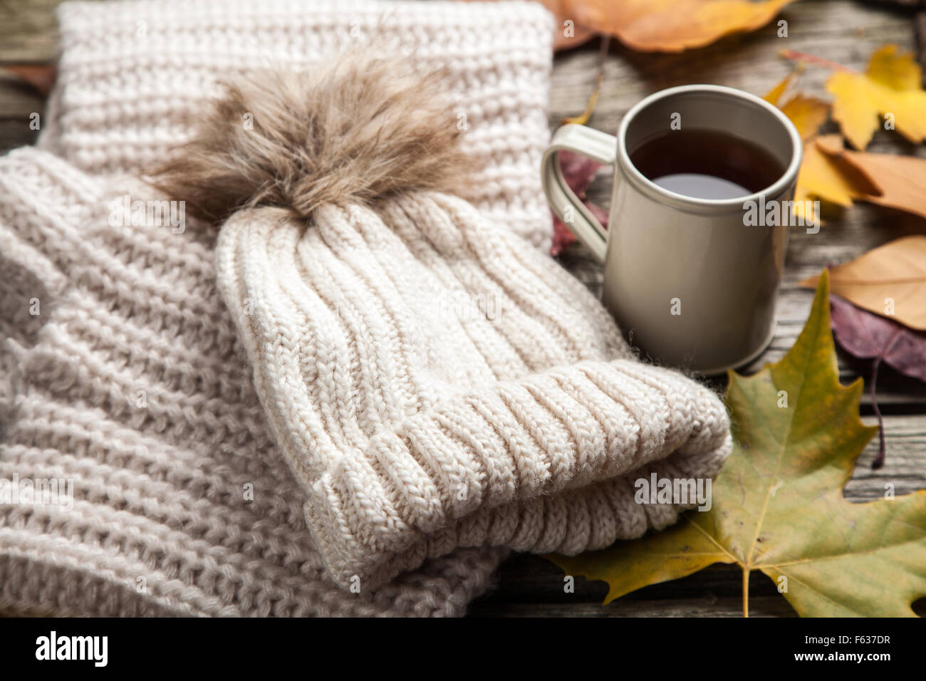 Warm clothes and a cup of tea Stock Photo Alamy