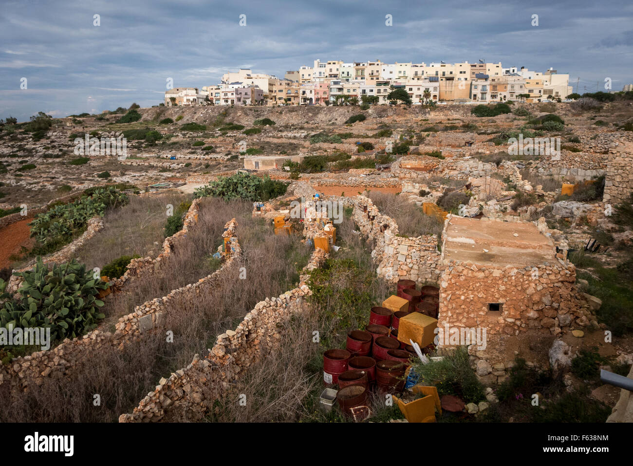 Traditional terraced land and modern apartments at the town of Mellieha, Malta. Stock Photo