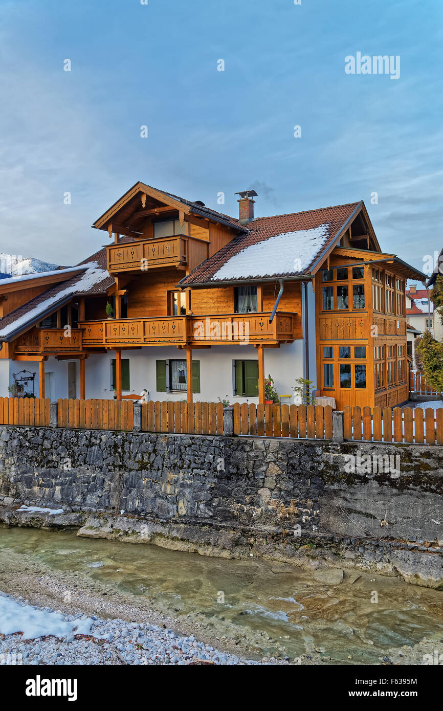 Exterior view of the traditional wooden Alpine chalet in Garmisch