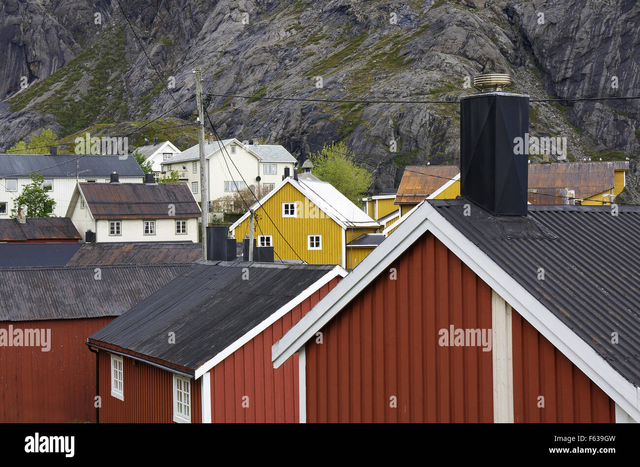 View on Nusfjord, museum village and fishing harbour on the Lofoten Islands, Norway. Stock Photo