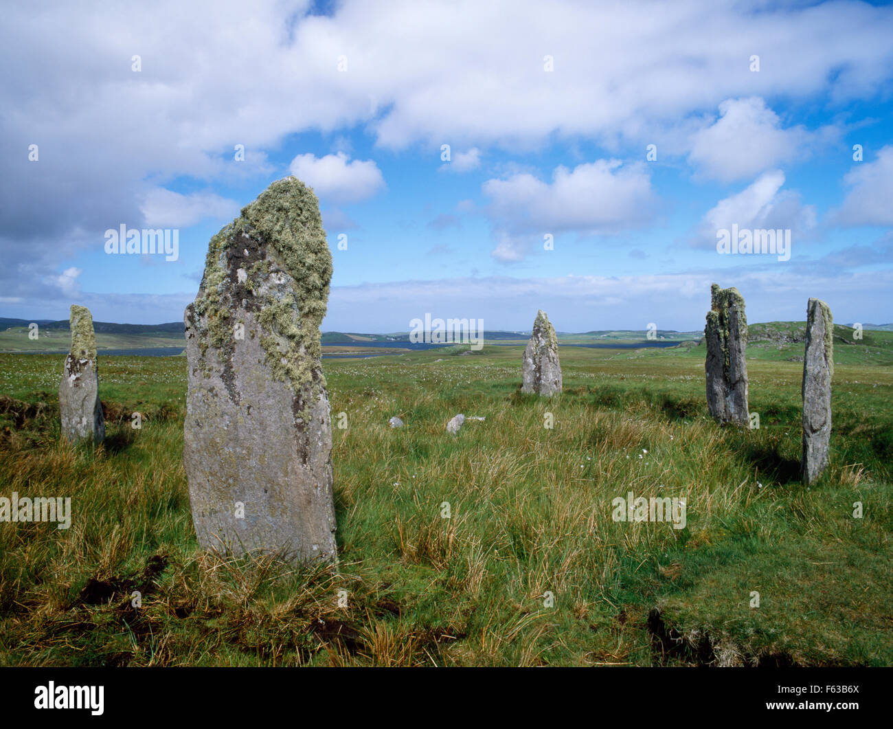 Looking NW at the 5 stones of Ceann Hulavig (Callanish IV) stone circle, Lewis: the remains of a SE-NW  ellipse around a low central stone & cairn. Stock Photo