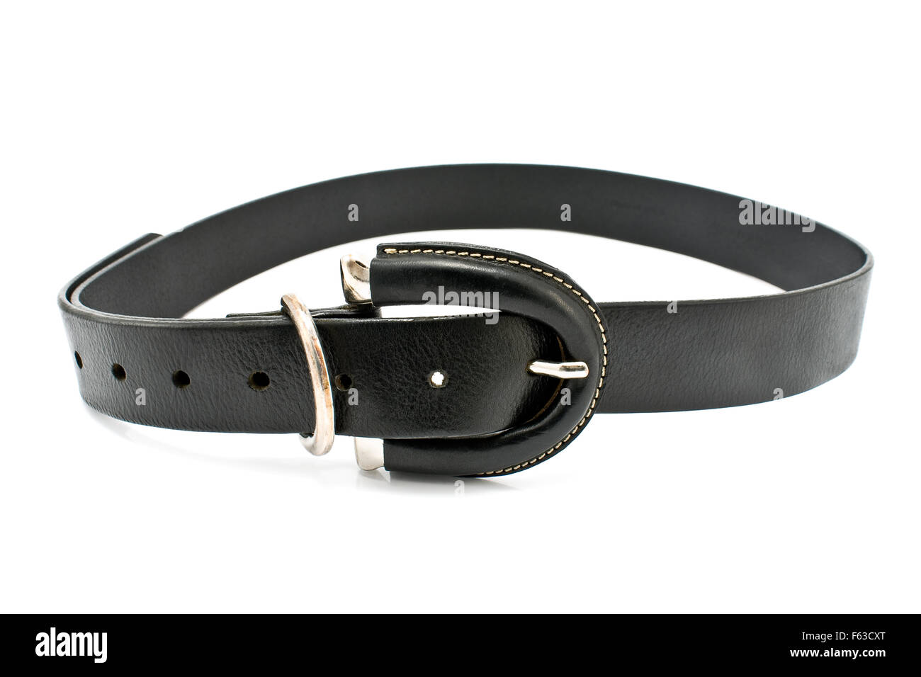 Women's  black leather belt isolated on white Stock Photo
