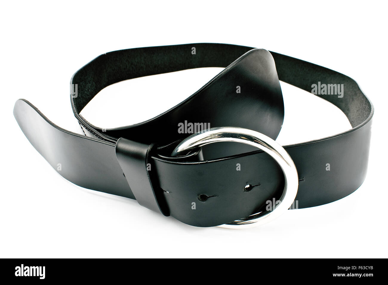 Women's black leather belt isolated on white Stock Photo