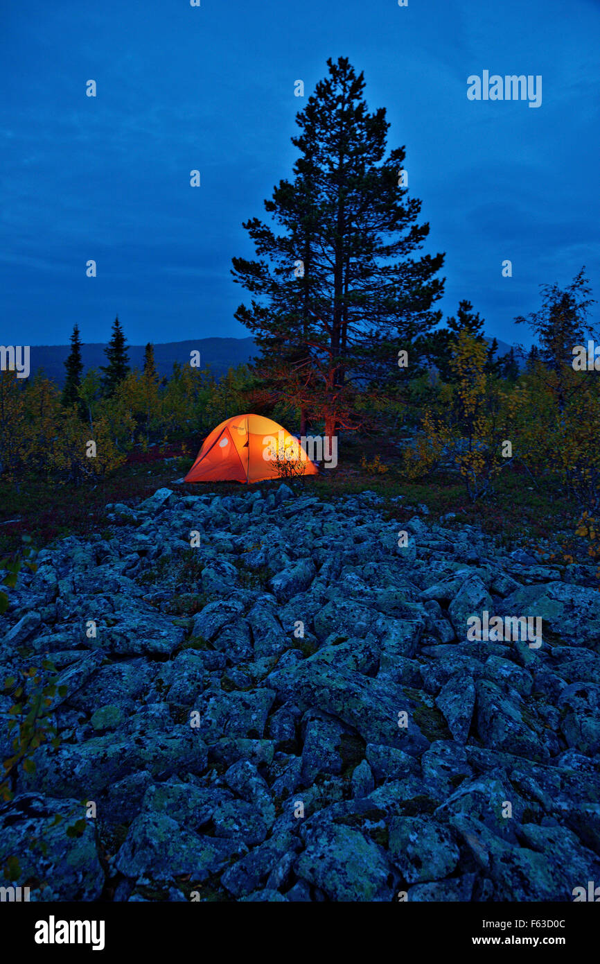 Camping near Korvatunturi (original home of Santa Claus). Urho Kekkonen National Park, Lapland. Stock Photo