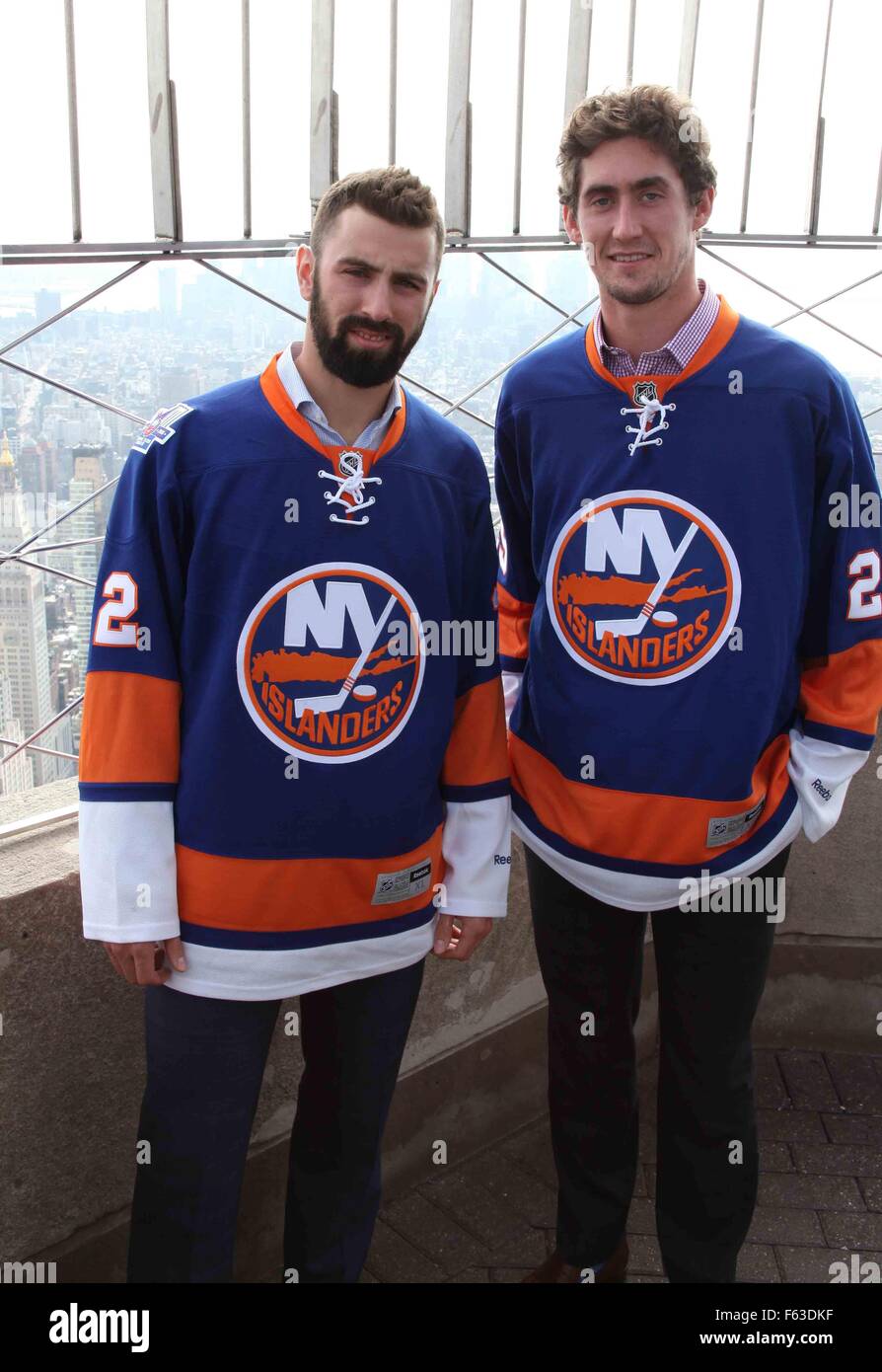 Islanders players Brock Nelson and Nick Leddy light The Empire State  Building in celebration of the Team's Inaugural Home Opener at Barclays  Center Featuring: Nick Leddy, Brock Nelson Where: NYC, New York