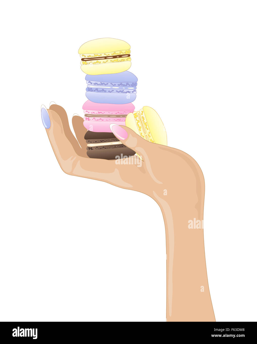 an illustration of a female hand holding freshly made macaroon treats in different flavors on a white background Stock Photo