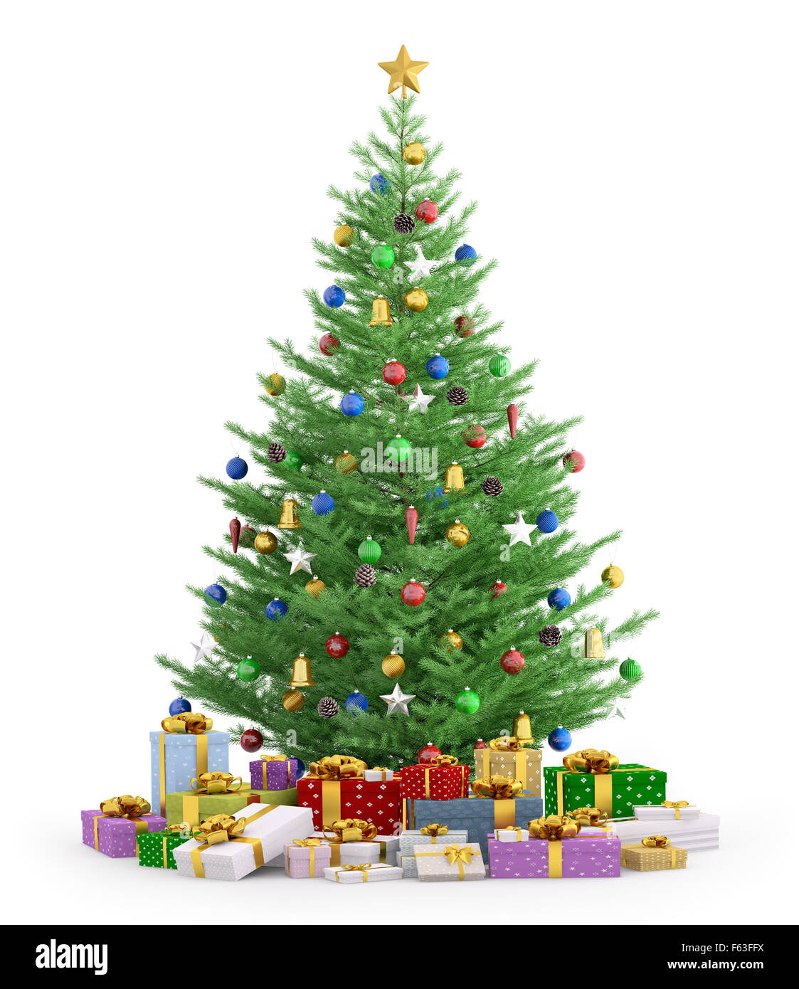 Christmas tree with colorful gifts isolated over white 3d render Stock ...