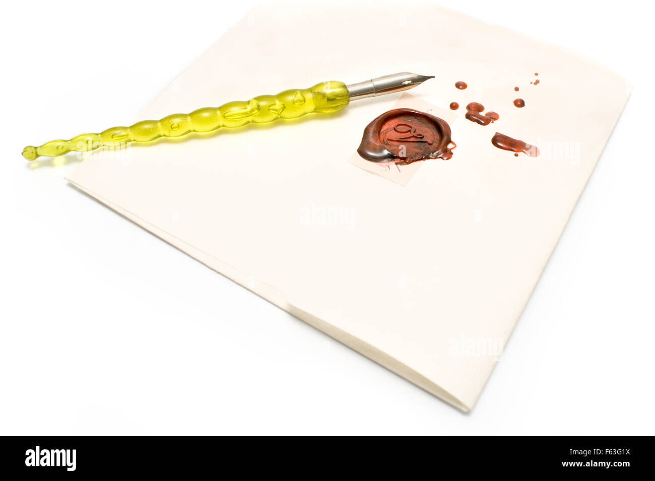 Old pen and wax sealed  letter on white Stock Photo