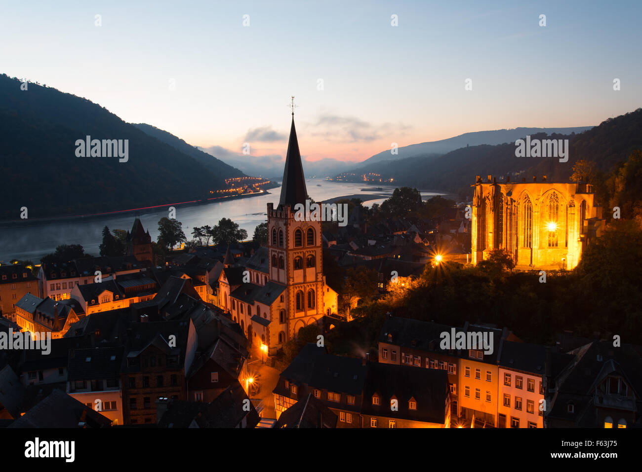 Town of Bacharach, Rhine valley, at dawn, Germany Stock Photo