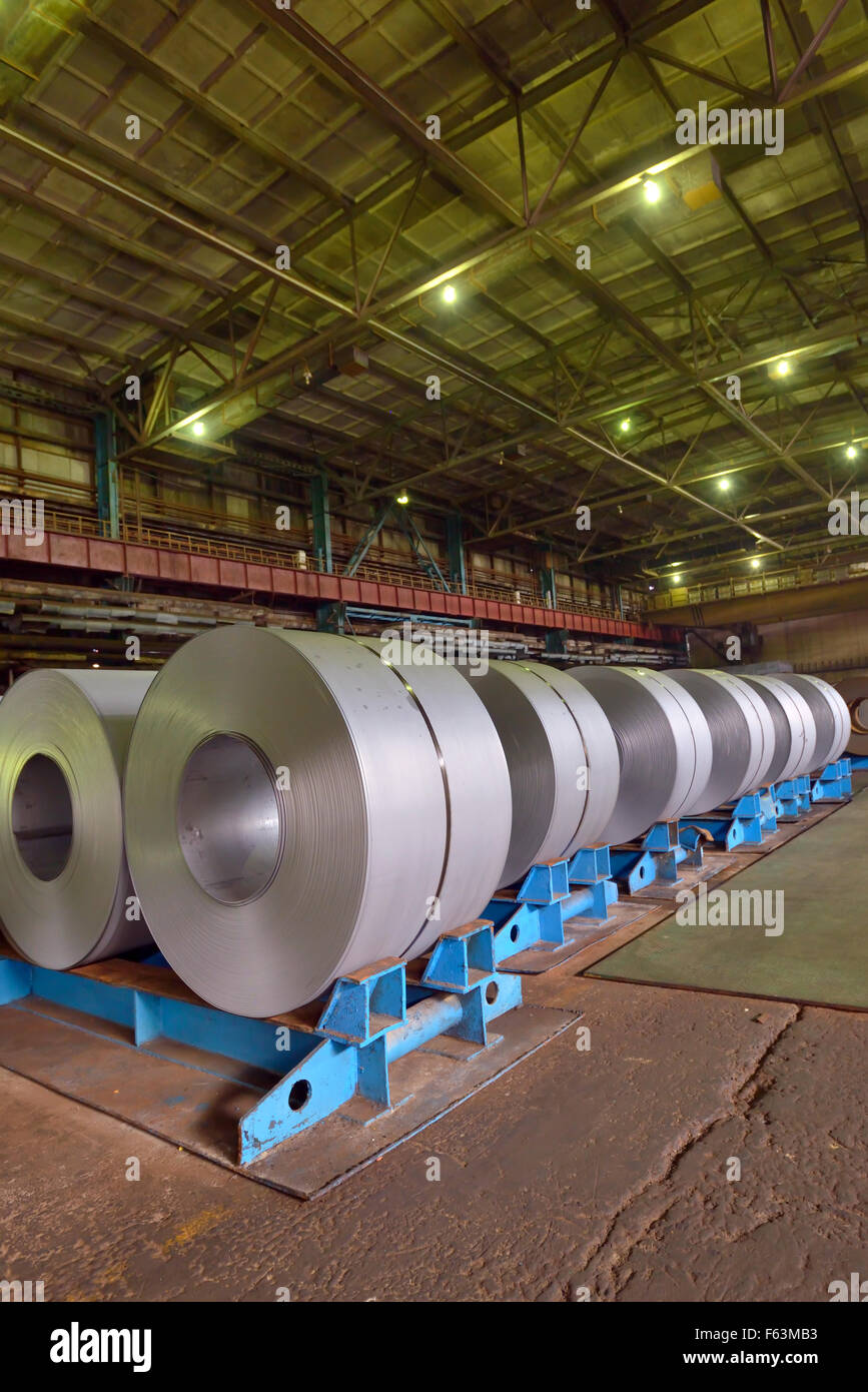 Cold rolled steel coils in steel plant Stock Photo