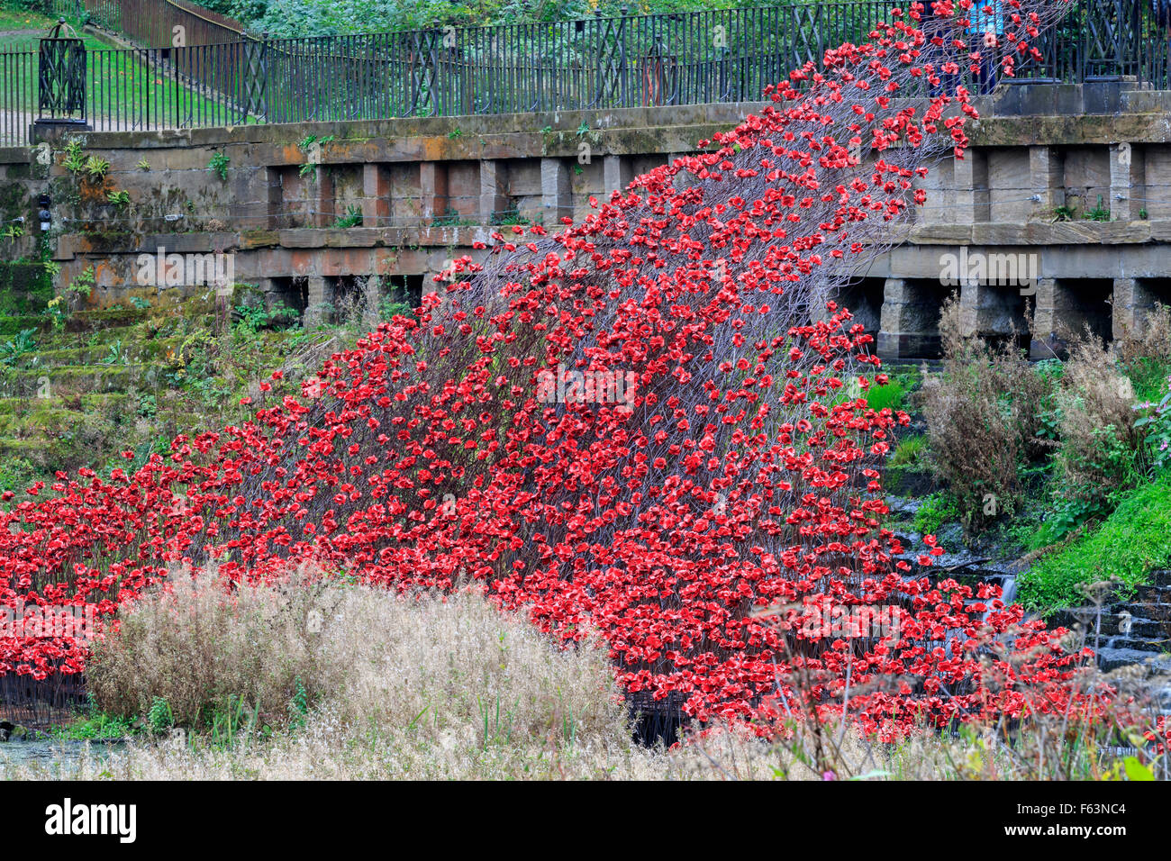 Wakefield, West Yorkshire, UNITED KINGDOM - 16th october, 2015: Red Ceramic Poppies 'Wave' exhibition of Tower of London poppies Stock Photo