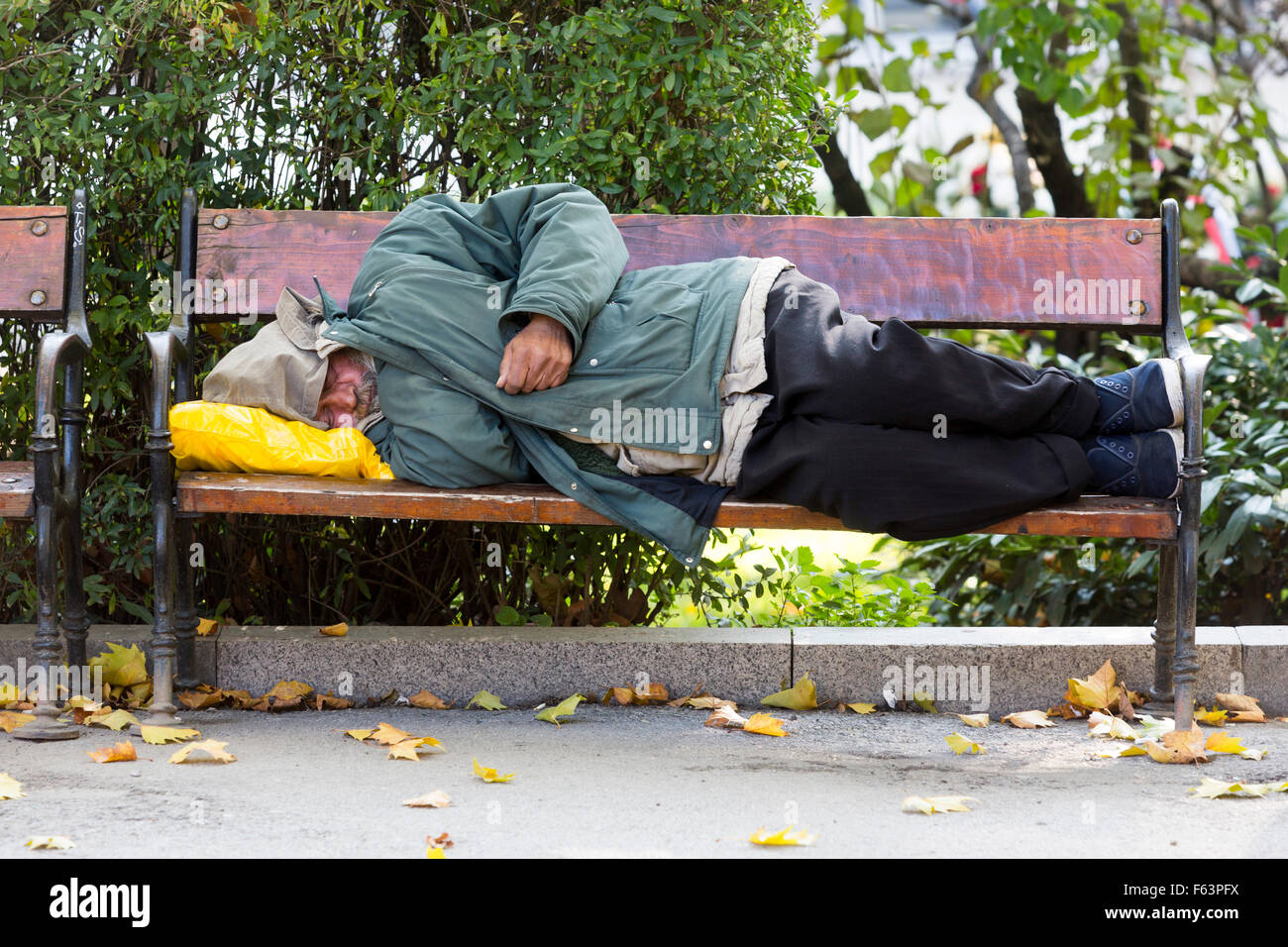 Sofia, Bulgaria - October 28, 2015: Homeless person is sleeping on a ...
