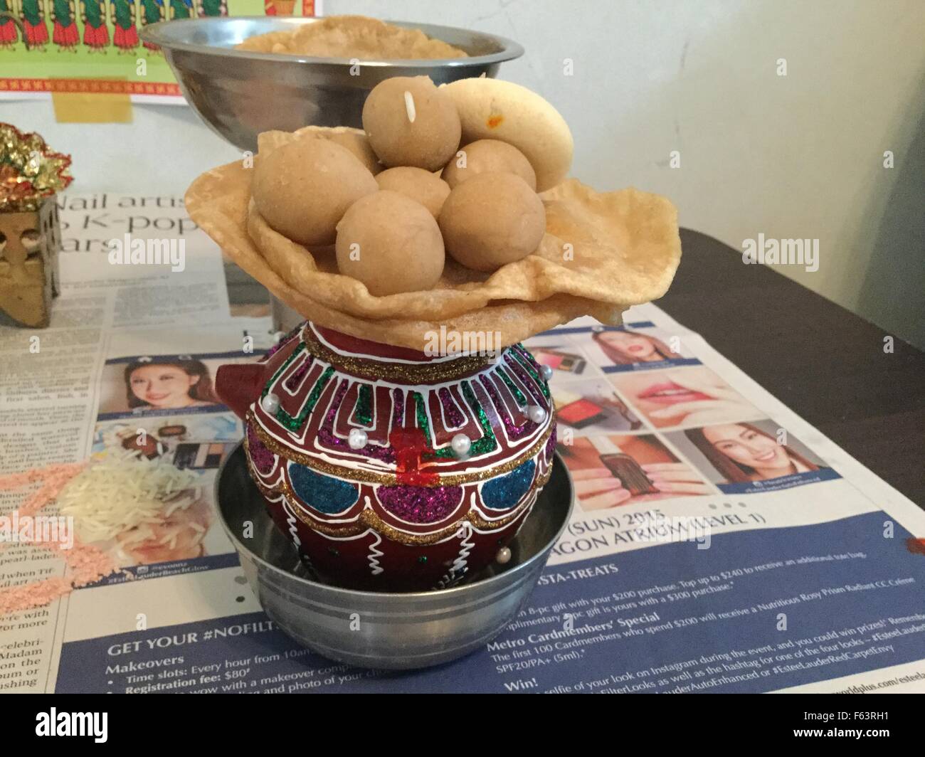 Indian ritual pooja with festive color during diwali pooja Stock Photo