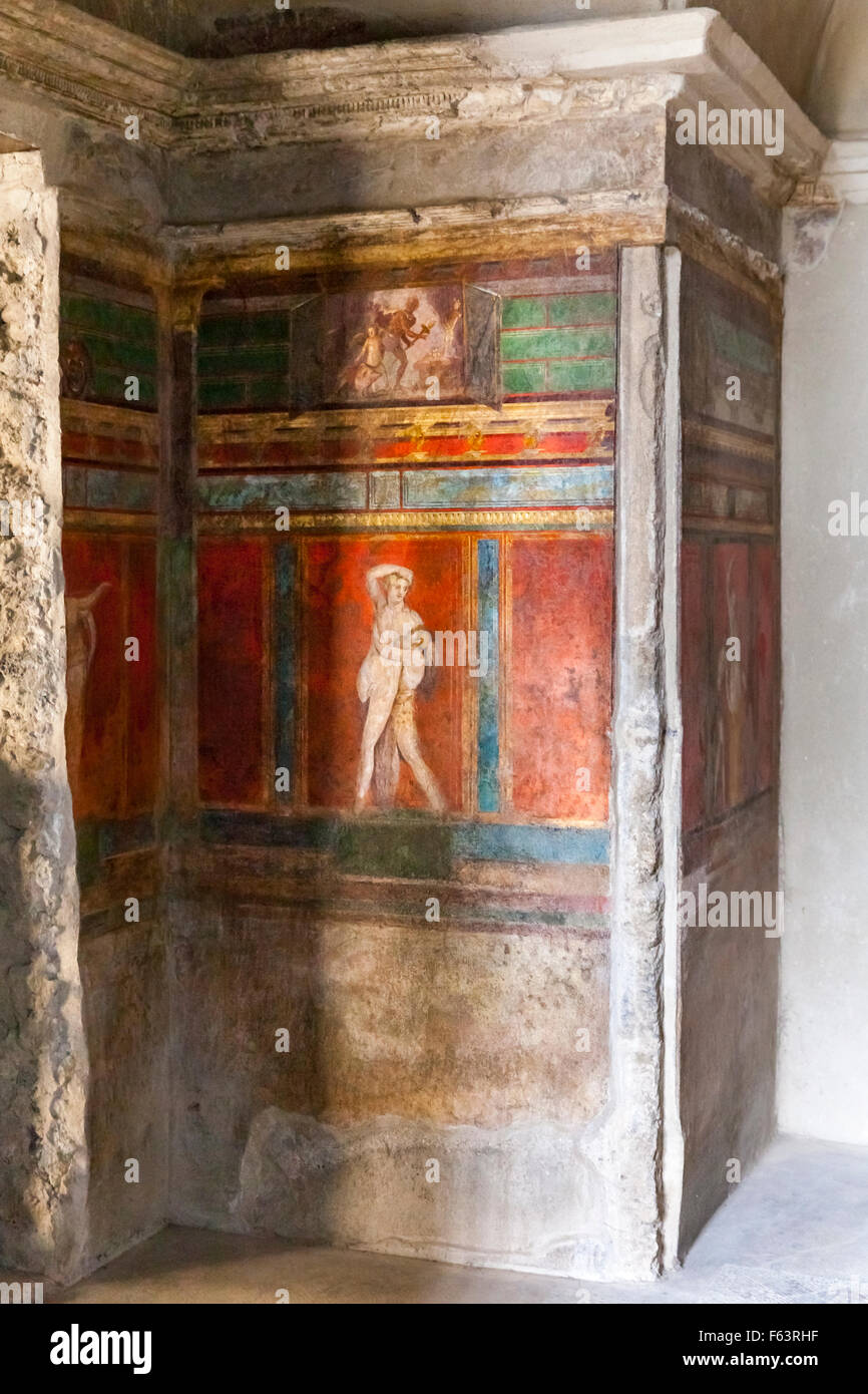 Fresco wall mural and decorative elements on a wall at Villa dei Misteri, Villa of the Mysteries, Pompeii, Italy Stock Photo