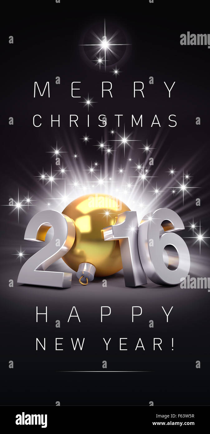3D New Year 2016 concept with a gold christmas ball and bright stars Stock Photo