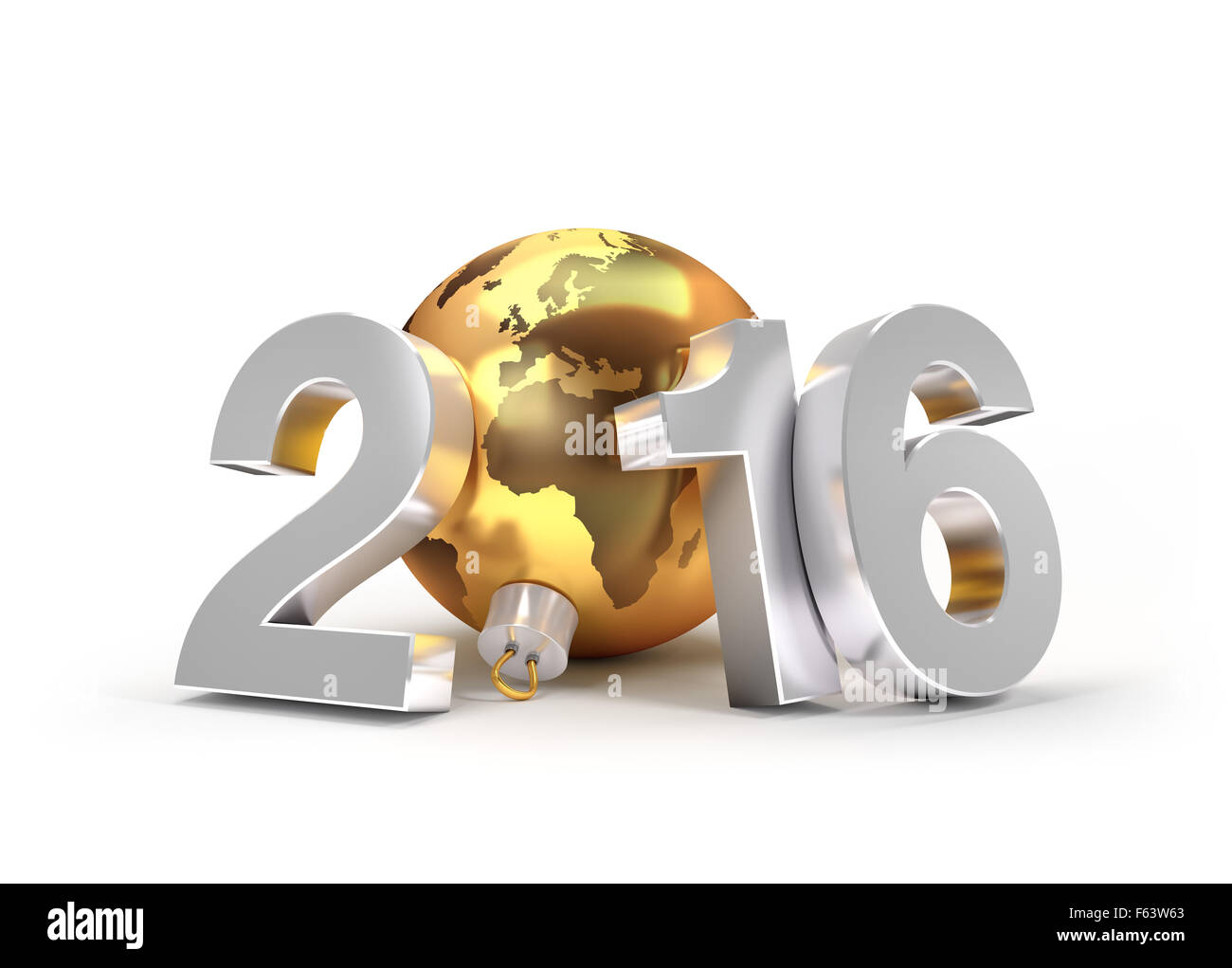 3D New Year 2016 concept with planet earth in a gold christmas ball Stock Photo