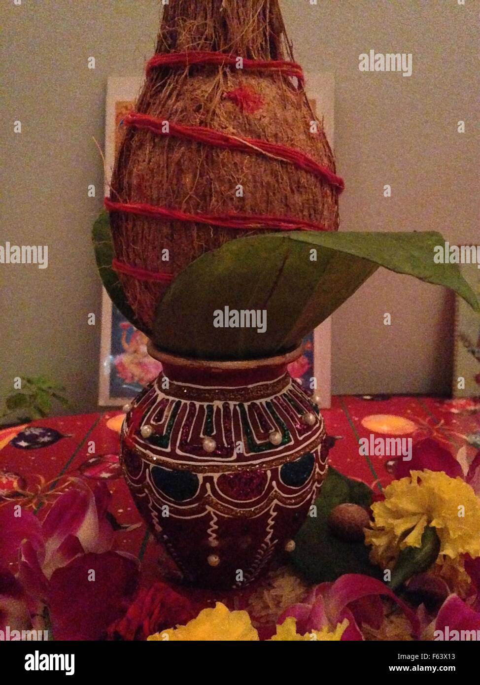 Hindu ritual for worship, Water pot and Kalash with coconut Stock Photo