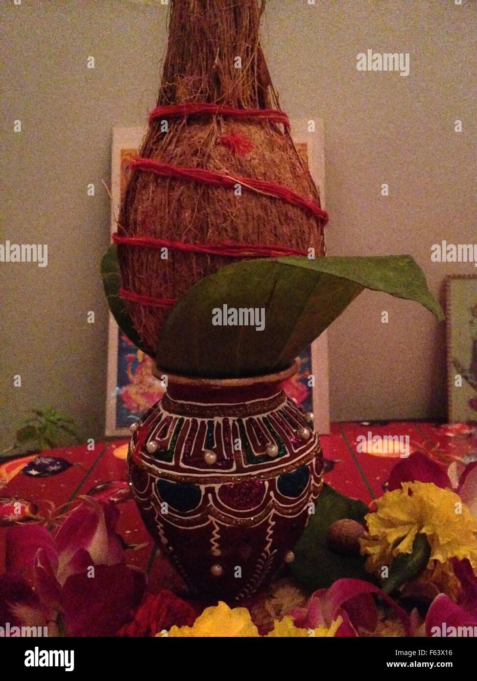 Kalas (Spritual water pot) and Nariyal (Coconut) with panpatta for hindu worship Stock Photo