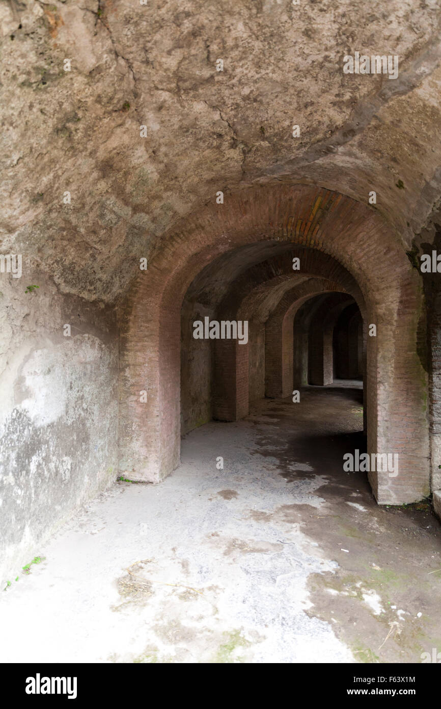 Brick vaults and subterranean structures of the ancient Roman amphitheatre in Pompeii, Italy Stock Photo
