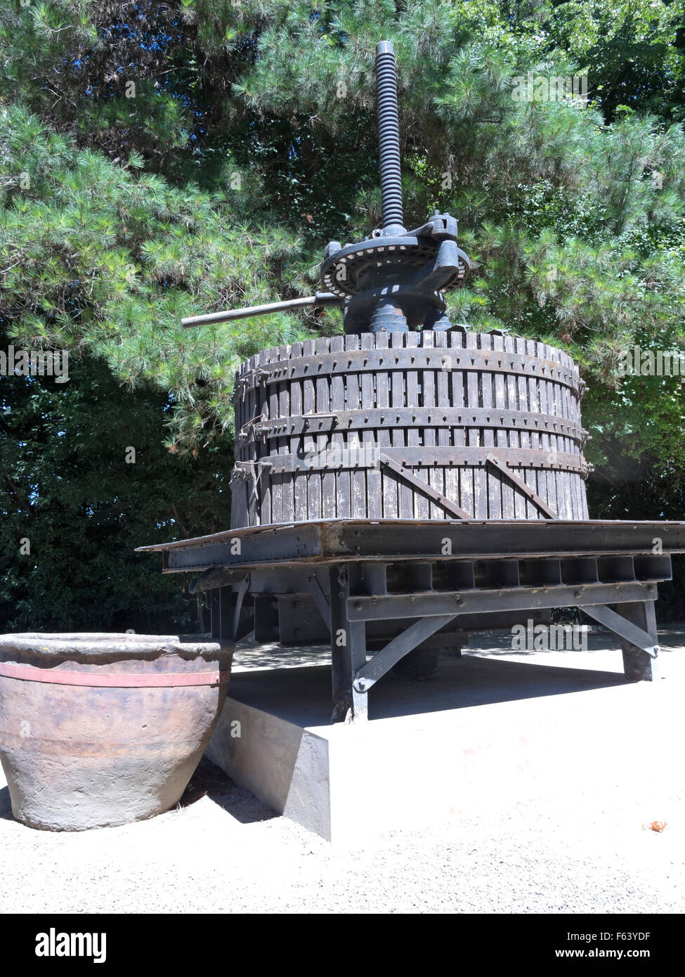 Ancient wine press. Traditional old technique of winemaking Stock Photo