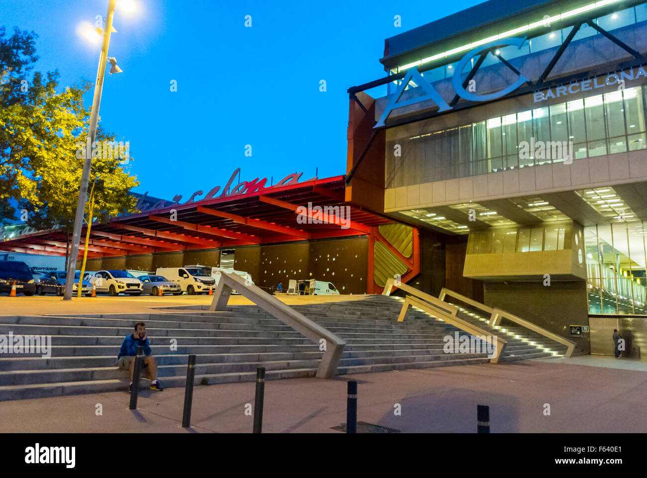 Barcelona, Spain, 'Port Forum' Neighborhood, CCIB, Building 'Barcelona International Convention Centre' at Dusk Stock Photo