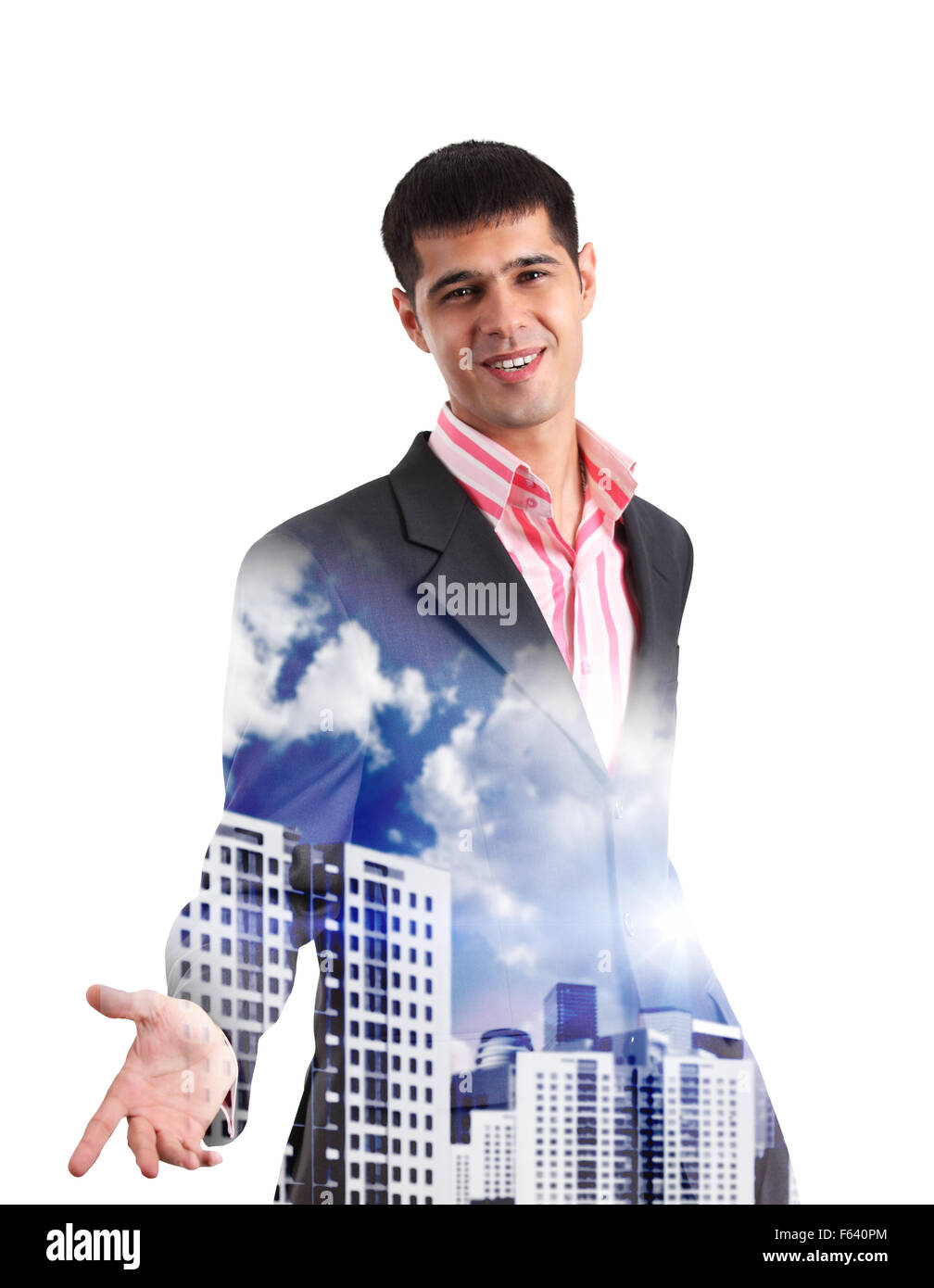 Happy young businessman greeting Stock Photo