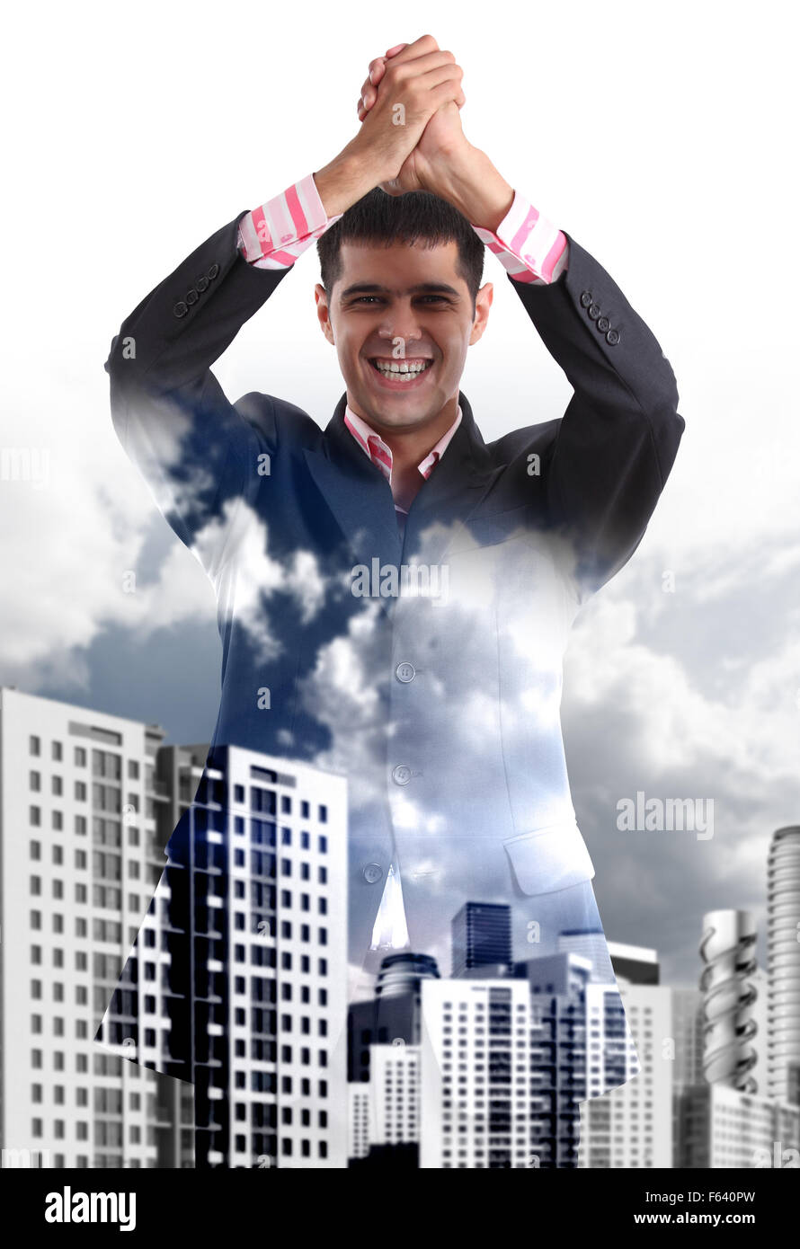 Young businessman enjoys victory Stock Photo