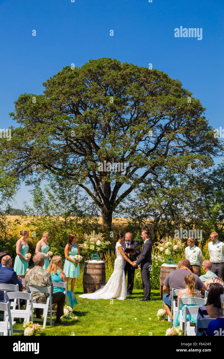 HARRISBURG, OR - JULY 12, 2014: Wedding ceremony with guests in front of a tall oak tree at Stewart Family Farm. Stock Photo