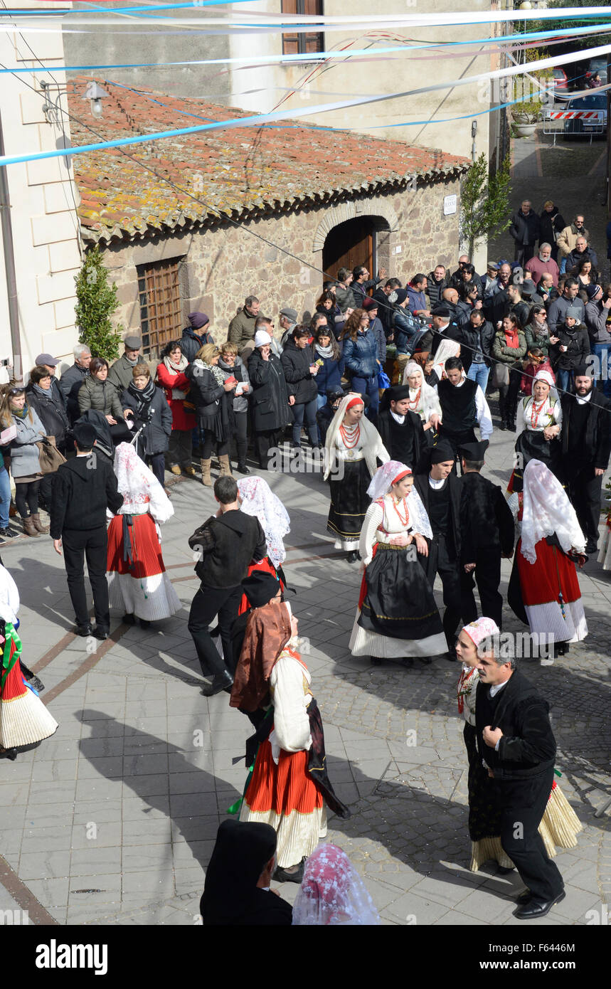 Young sardinian people  in traditional clothes during a Carnival feast, Seneghe, Sardinia, Italy, Europe Stock Photo