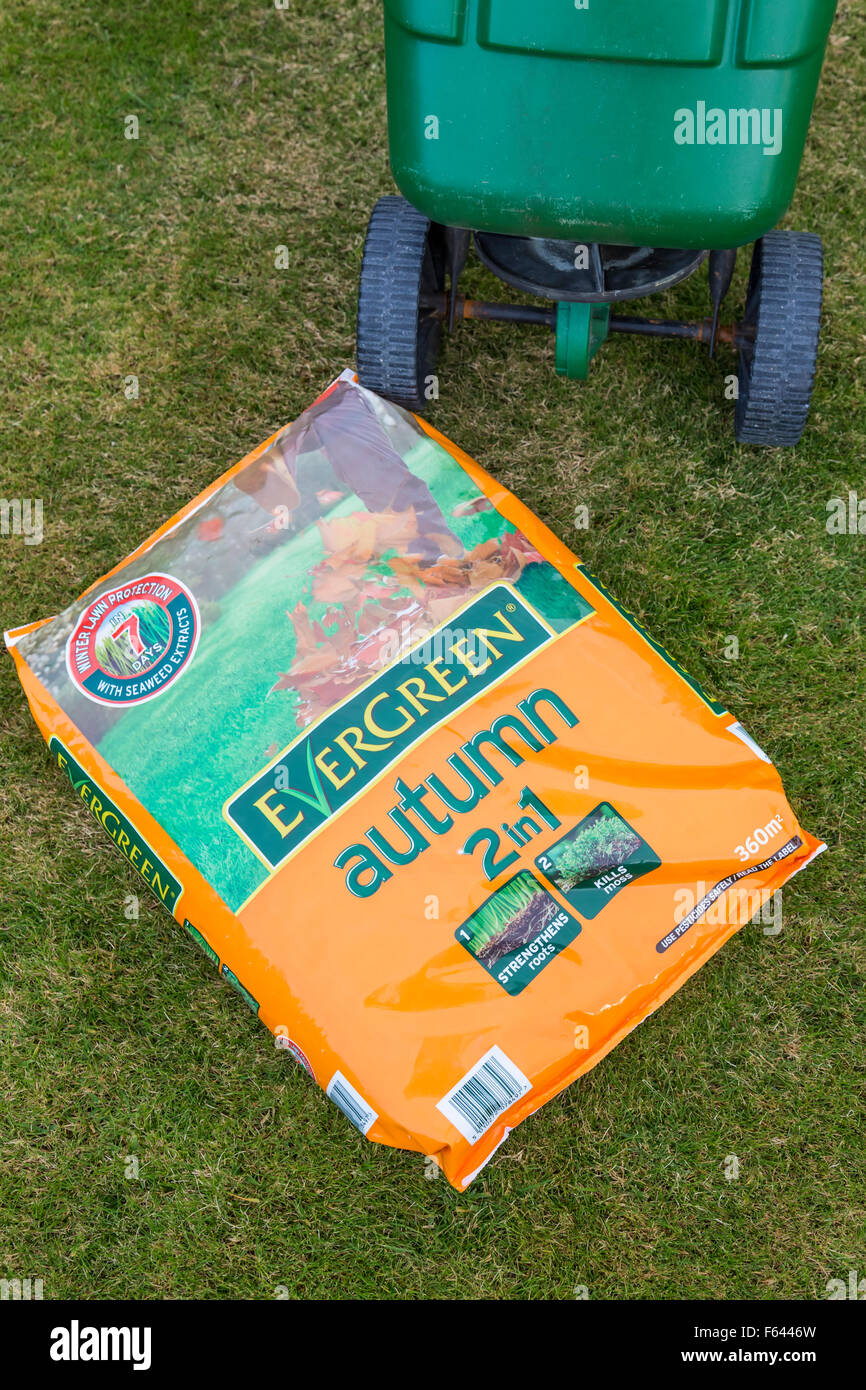 Evergreen Complete 2 in 1 autumn grass food and a Scott's Easygreen wheeled spreader on a lawn, Scotland, UK Stock Photo