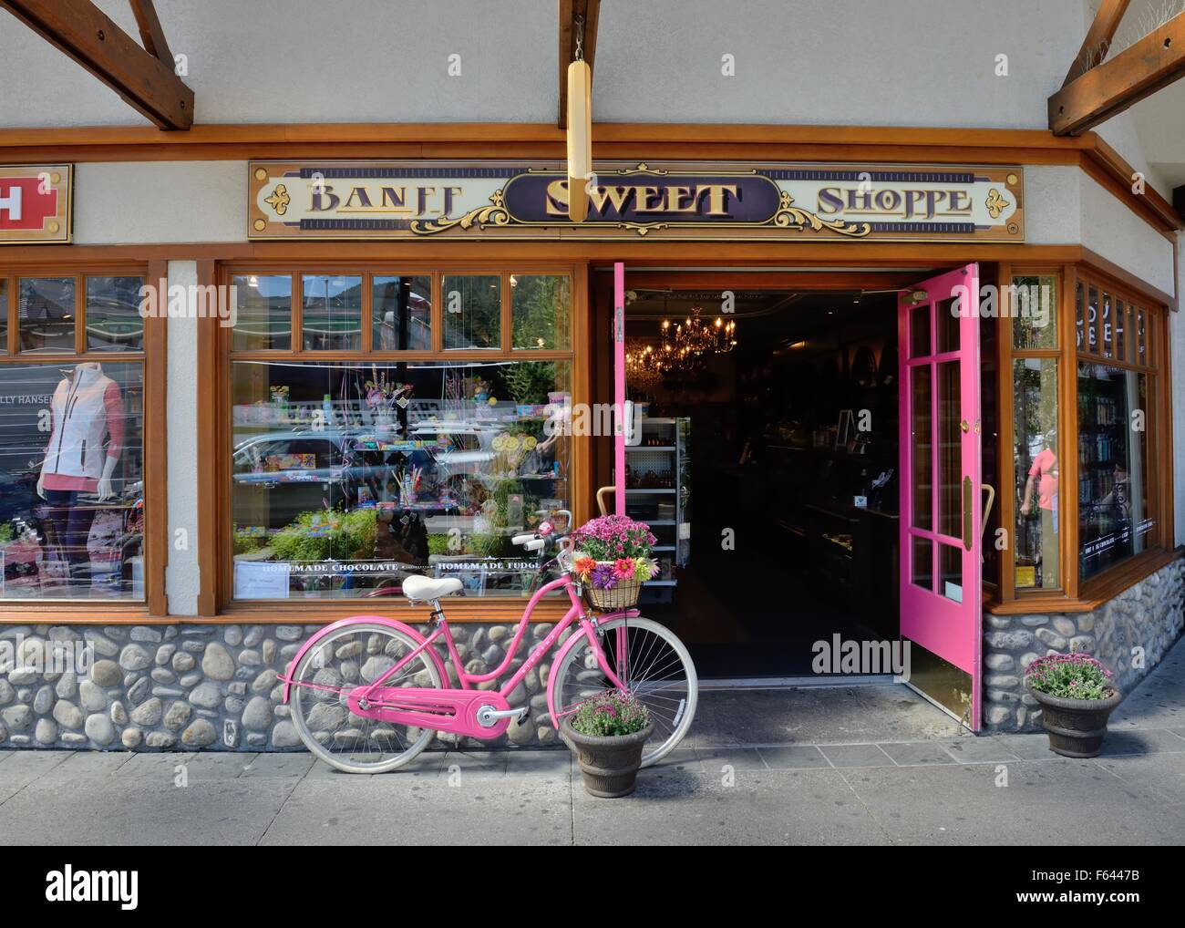 A pink ladies bicycle with colourful flower basket decorates the front