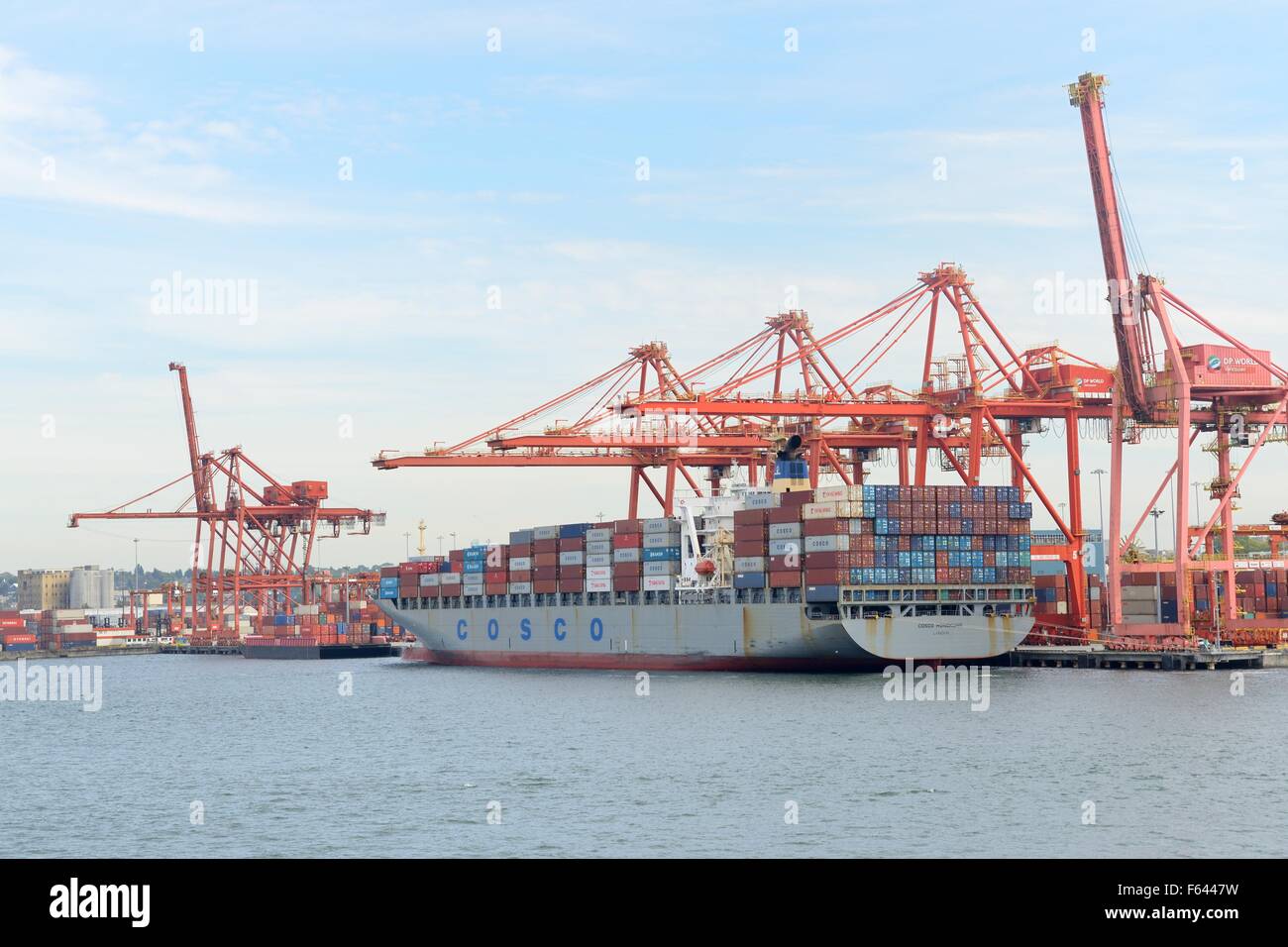 The container ship 'Cosco' being loaded at DP World Vancouver, British Columbia, Canada Stock Photo