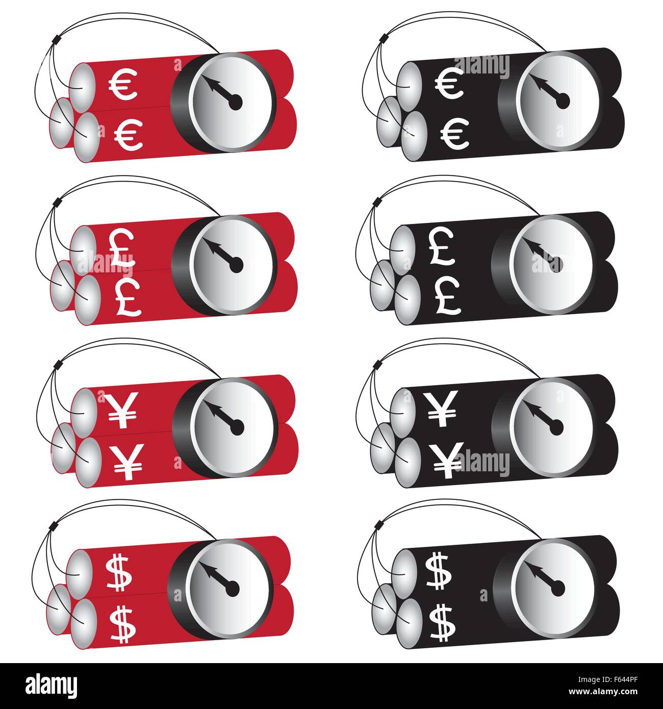 World currency time bomb in red and black. USD, EURO, GBP and JPY Stock Vector