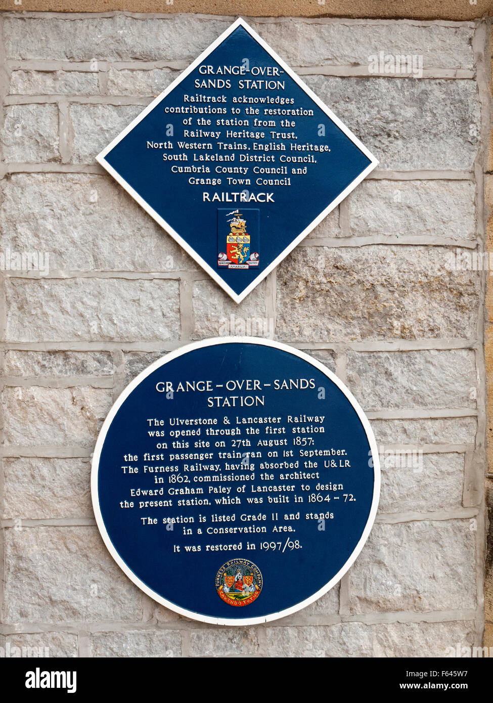 Plaques at railway station in Grange-over-Sands Cumbria UK Stock Photo