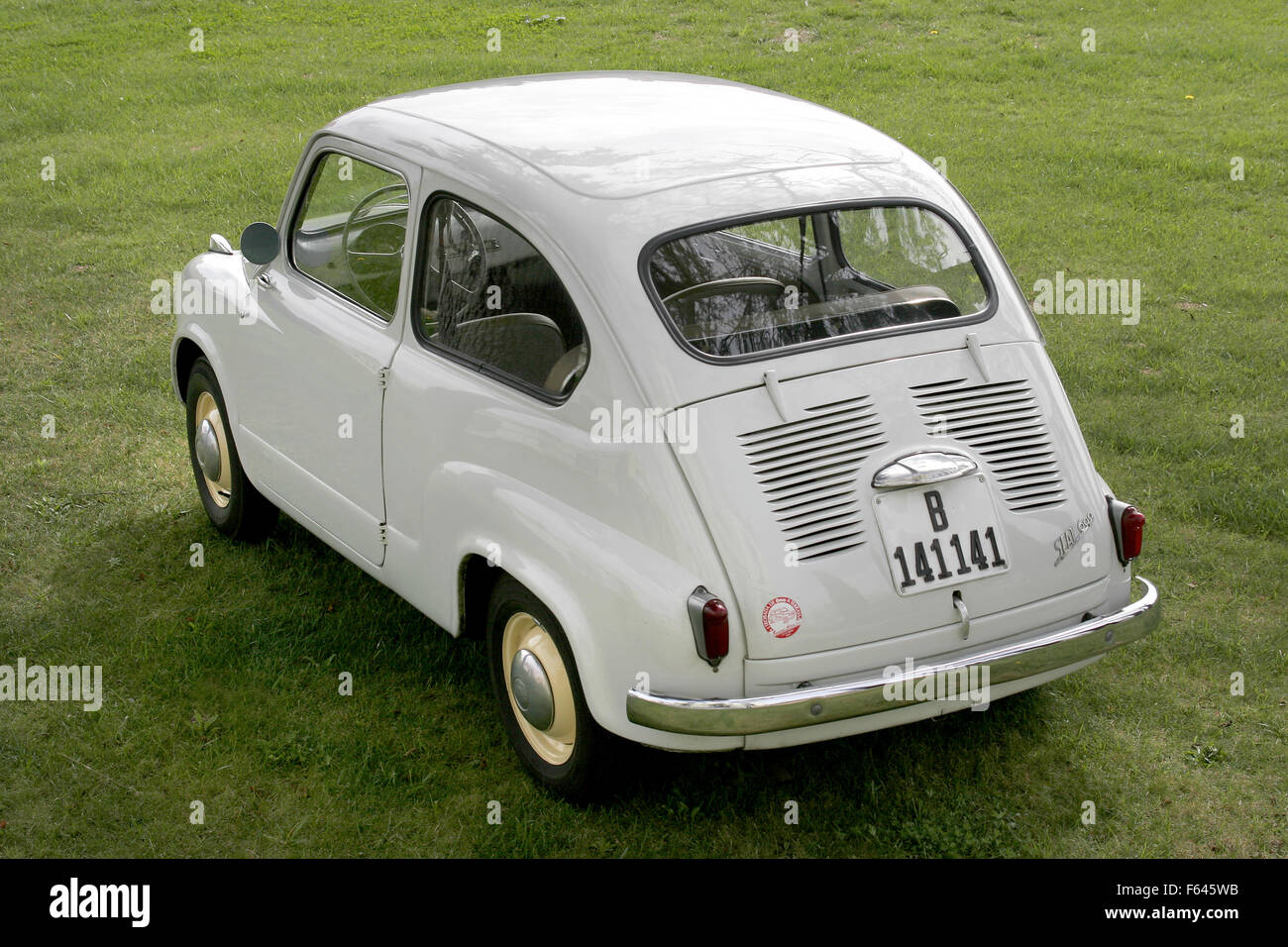 Seat 600, made in Spain under Fiat license. First Seat 600 registered in Spain. Stock Photo