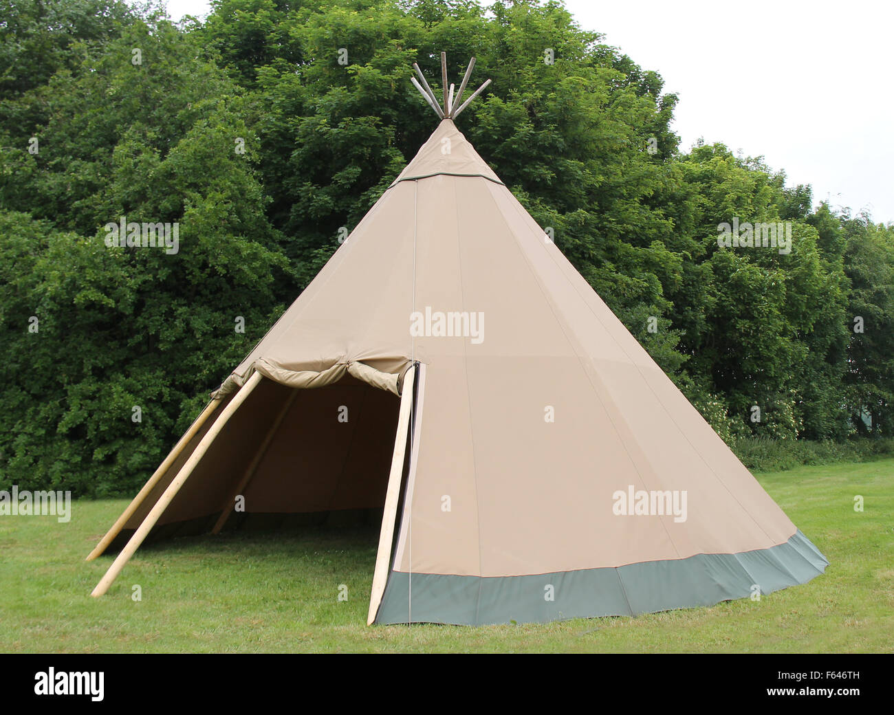 A Large Brown Canvas Wigwam Style Tent Shelter. Stock Photo